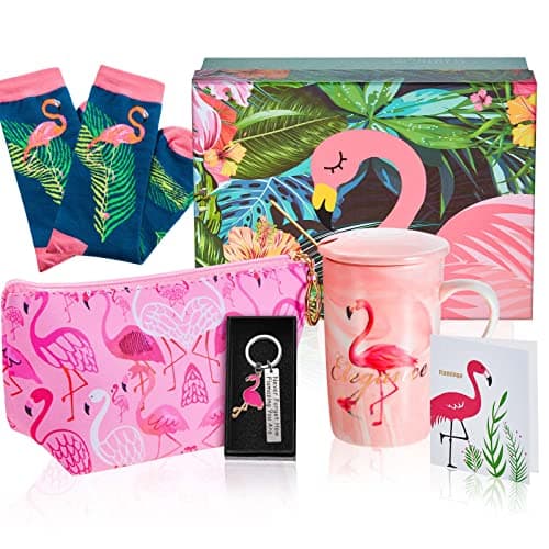 Image of Nuenen Flamingo Gift Set for Women - 5 Pcs Including Ceramic Coffee Mugs, Makeup Bag, Socks, Keychain & Greeting Card