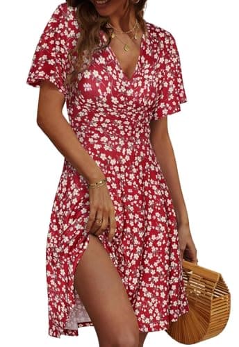 Image of CheChury Dresses for Women Summer Short Sleeve V-Neck Floral Wrap Dress Midi A-Line Boho Ladies Sundress for UK Casual/Beach/Party,Red,M