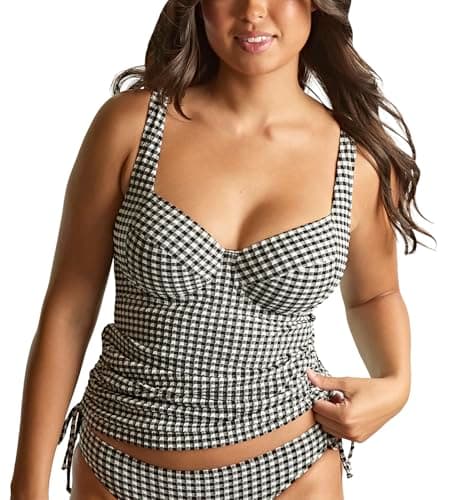 Image of Panache Women's Iris Balcony Tankini Top – Non-Padded, Adjustable Straps, Sustainable Gingham Fabric, Black Gingham, 32HH US