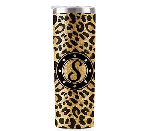Image of Onebttl Personalised Leopard Print Cup With Initial - Unique Gift for Women - Birthday, Christmas Ideas - 591ml Vacuum Tumbler With Lid and Straw - Glitter - S