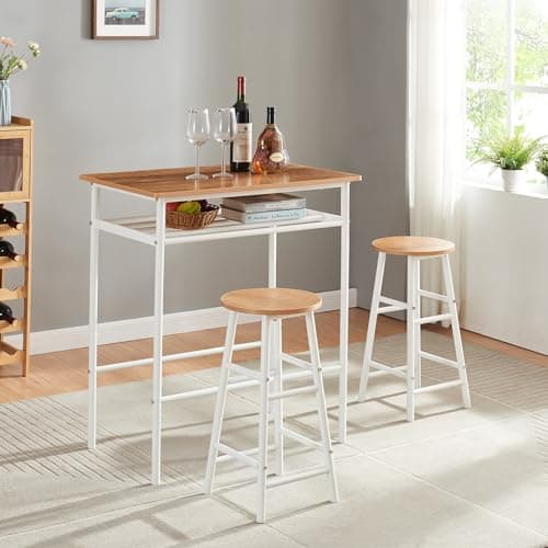 Image of Panana 3pcs Pub Dining Set, Industrial Counter Height Dining Bar Table with 2 Stools (White Oak)