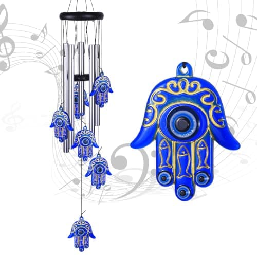 Image of Blue Evil Eye Hamsa Hand Wind Chimes Outdoor Decoration, Hand of Fatima Windcatcher, Evil Eye Wind Bells, Hand of Fatima Blue Evil Eye Amulet Wind Chimes for Home, Gift for Mom, Balcony, Patio, Garden