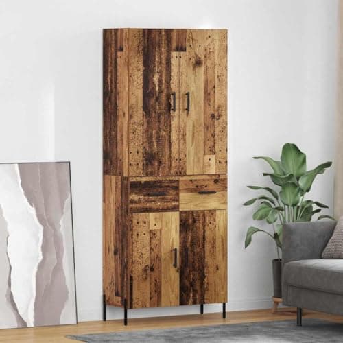 Image of SooIarix Wall Mounted Highboard Reclaimed Wood Material 69.5 x 34 x 180 cm with Drawer and 2 Doors Modern Sideboard Living Room Chest of Drawers Space-Saving Cabinet