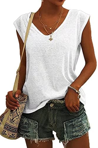 Image of ASKSA Women V Neck Cap Sleeve T-Shirt Summer Solid Color Tank Top Casual Loose Shirts Basic Tee Tops (White,L)
