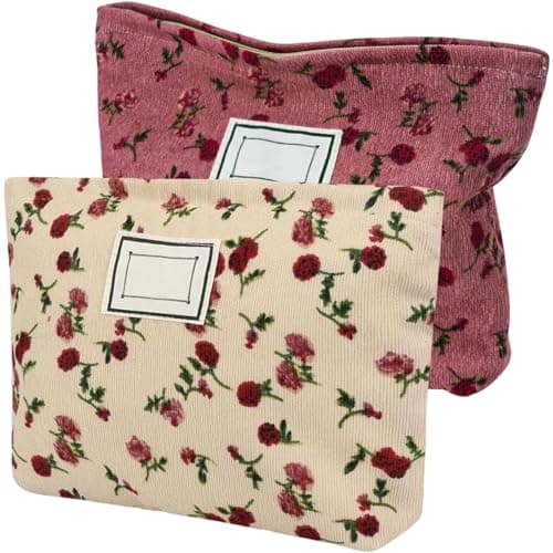 Image of 2 PCS Floral Makeup Bags Floral Cosmetic Bag Rose Flower Printing Corduroy Toiletry Bag Pink Quilted Cosmetic Pouch Makeup Organizer Cotton Portable Pouch with Metal Zipper for Women Girls