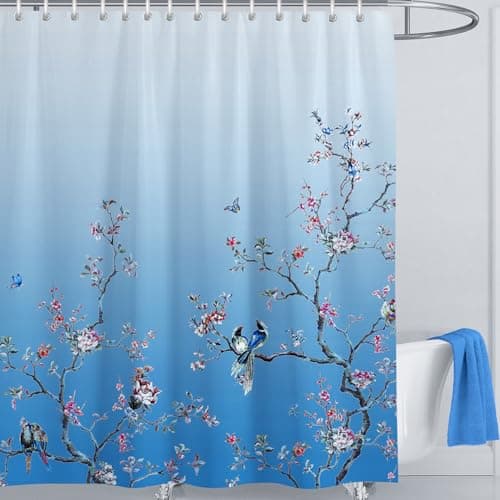 Image of LIVETTY Shower Curtains Ombre Blue Bird Shower Curtain 180cm × 180cm Drop Floral Butterfly Fabric Bathroom Curtain Mould Proof Spring Washable Shower Curtain With 12 Hooks