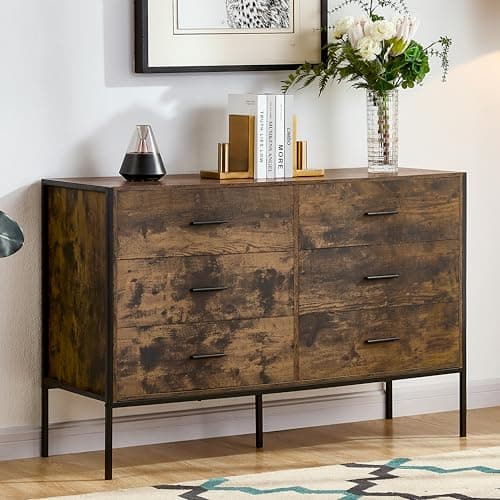 Image of Vida Designs Brooklyn Industrial Chest of Drawer Rustic Bedroom Storage Unit, Cabinet Dresser with Metal Frame (Dark Wood, 6 Drawer Wide)