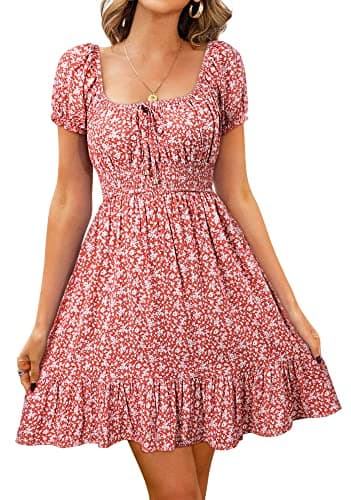 Image of Livonmone Womens Summer Casual Sweetheart Neckline Puff Sleeve Floral Print High Waist Dress Boho Beach Mini Short Dresses (Pink, M)