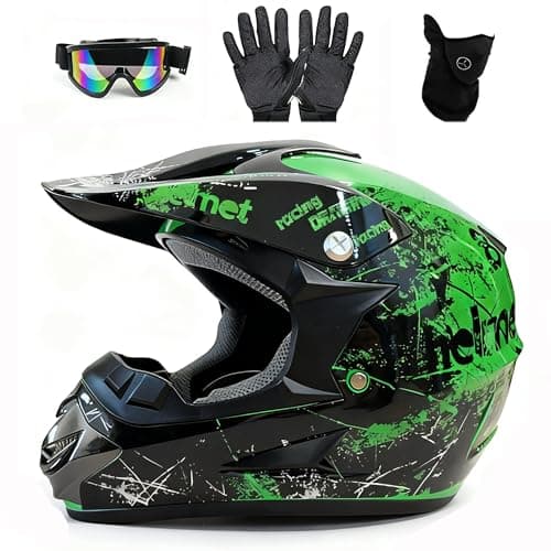 Image of UIGJIOG Motocross Helmet,Youth ATV Dirt Bike Motorcycle Helmet, Full-Face Off Road Motorcycle Crash Helmet,BMX 4-Wheeler Off-Road Mountain Bike Helmet,With Gloves Goggles Mask,Green,L(56~57cm)