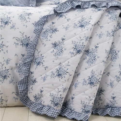 Image of Catherine Lansfield Lucie Floral Frill Fully Reversible 220x230cm Bedspread White Blue