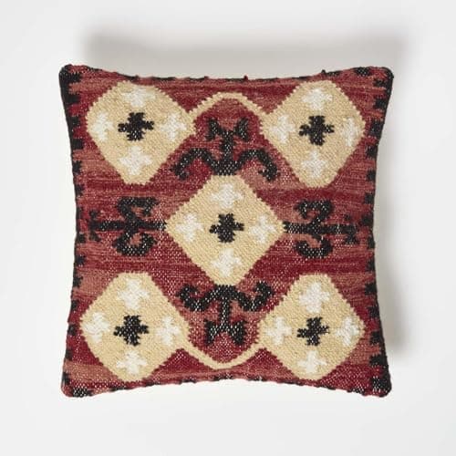 Image of HOMESCAPES Handwoven Kilim Cushion Black Yellow & Red 100% Cotton & Wool Traditional Authentic Cushion with Super Microfibre Cushion Insert 45 x 45 cm