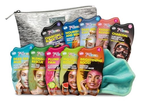 Image of 7th Heaven Pamper & Party Face Mask Gift Set – Pack of 10 Cream & Peel-Off Masks plus makeup bag – With Vitamin E, Hyaluronic Acid, Niacinamide & Vitamin C – Suitable for All Skin Types Gift Set