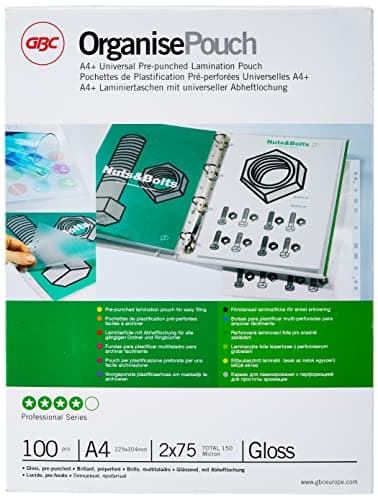 Image of GBC A4+ 2x75 Micron Organise Gloss Laminating Pouches, Pack of 100, 41664E