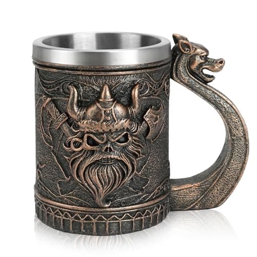 Image of JUMRHFAN Viking Tankard 600 Ml Beer Mug with Handles Stainless Steel Mug Viking Gifts for Men Suitable for Party,Birthday, Father‘Day and Festivals (Style-2)