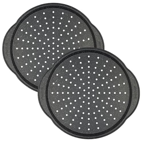 Image of Salter COMBO-9141 Megastone Pizza Pan – 2 Pack, 36 cm Non-Stick Perforated Crisper Tray With Handles, Large Oven Baking Tin For Pizzas, 12-Inch Carbon Steel Chip Tray, PFOA-Free, Oven Safe Up To 220°C