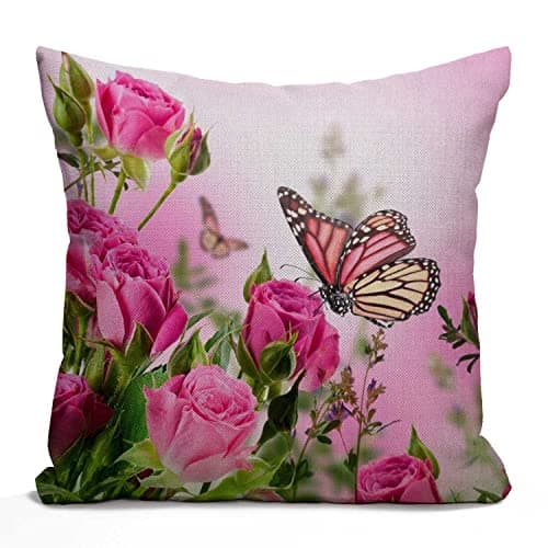 Image of Tomda Flower Decor Butterfly Fliying on The Pink Rose Cotton Linen Square Throw Waist Pillow Case Decorative Cushion Cover Pillowcase Sofa 45x45cm 18x18 Inch