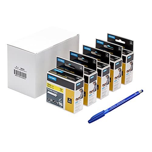 Image of 5 x Dymo 18491 Rhino Industrial Nylon Labels, Self-Adhesive, 19 mm x 3.5 m - Black on Yellow + PaperMate Pen Gift