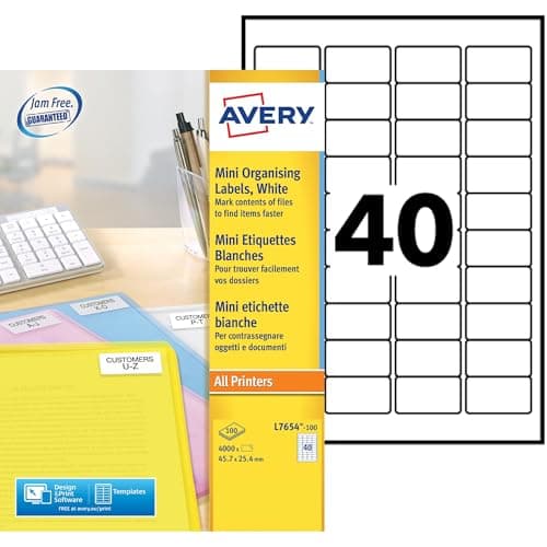Image of Avery Printable, Customisable Mini Organising Return Address Labels, Laser Printers, 40 Labels Per A4 Sheet, 4000 Labels, QuickPEEL (L7654), White,45.7 x 25.4mm