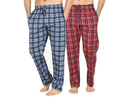 Image of Men's Long Lounge Wear Pants Nightwear (Two Pack) Pyjama Bottoms Sleepwear (Red/Navy Check, Small)