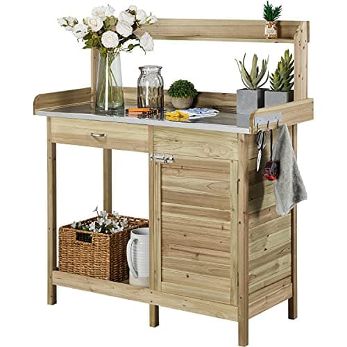 Image of Yaheetech Garden Potting Table Wood Planting Germination Table w/Cabinet & Drawers Metal Surface Workstation with Hooks/Shelf for Patios Yard Lawn-Light Green