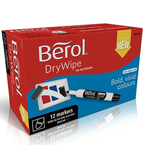 Image of Berol Dry Wipe Whiteboard Marker Pens | Bullet Tip | Black Ink | 12 Count
