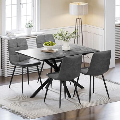 Image of Luxstein Extendable Dining Table and Chairs Set 4, 120-160cm Concrete Effect Table with 4 Grey Upholstered PU Leather Chairs for Dining Room, Kitchen
