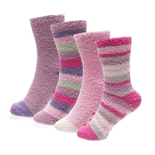 Image of Girls Kids Fluffy Slipper Socks - Bed Non-Skid Gripper Socks - Warm Thermal Cosy Fuzzy Socks - Pack Of 4 Pairs -2-3 Years
