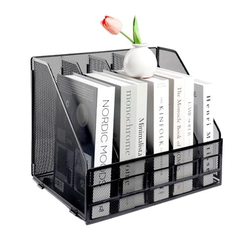 Image of HMXLJJY Mesh Metal A4 Magazine File Holder, Desktop 5 Sections Document Holder Office File Storage Rack for Desk Tidy, Paper Organiser Filing Rack,5 Compartments,(Black)