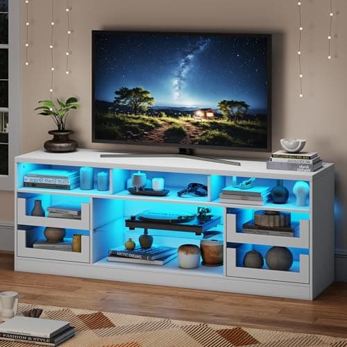Image of Gyfimoie TV Stand Cabinet for 65 Inch TV, Wooden TV Unit with RGB LED Lighting & Power Strip, TV Table with Glass Shelves & 4 Drawers, Entertainment Center for Living Room, Bedroom, White