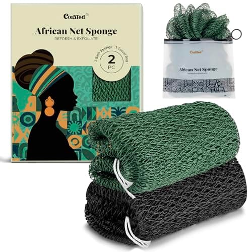 Image of CORATED 2pcs African Exfoliating Net Sponge - Bath & Shower Net Sponges, Scrubbing Net Body, Beauty Skin Cleaning for Shower SPA Massage (Black & Dark Green)