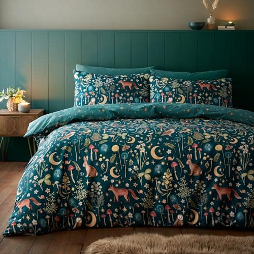 Image of Catherine Lansfield Enchanted Twilight Reversible Double Duvet Cover Set with Pillowcases Forest Green