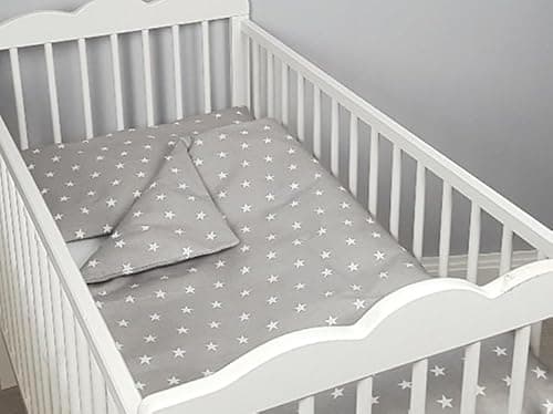 Image of 2-Piece Grey Bedding Set for Baby, Toddler, Infant, Child, Cotton Duvet Cover and Pillowcase, For Cot Bed 70x140cm, with White Star Pattern