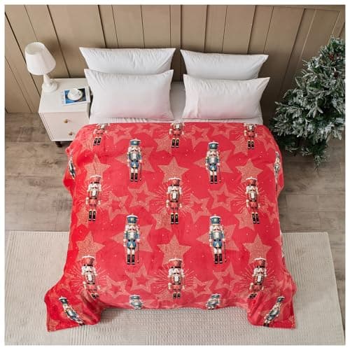 Image of GC GAVENO CAVAILIA Christmas Blanket - Soft Fluffy Throw Polyester Sherpa Fleece Blankets For Bed, Sofa And Couch - Warm large Throws (170x230 Cm) - Xmas Nut Cracker Pum Pum Stars Blanket For Adults