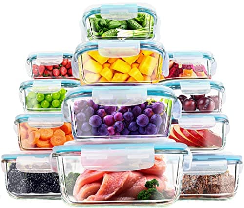 Image of KICHLY Glass meal prep containers - Set of 24pcs (12 Containers and 12 Lids) - Airtight Storage glass food containers with lids for Freezer - Snap locking, Dishwasher safe, Oven Friendly, & BPA Free