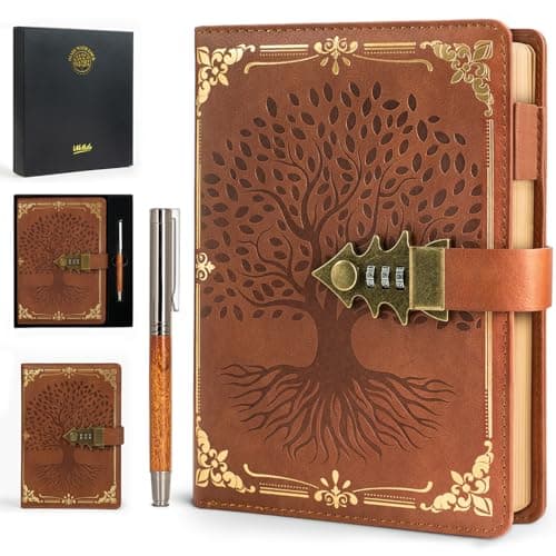 Image of WEMATE Lock Journal with Pen & Gift Box, A5 260 Pages, Refillable, Hardcover Leather Password Notebook for Writing,Vintage Lock Diary for Women, Girls, Men, Students, 8.6 x 5.8 in Brown