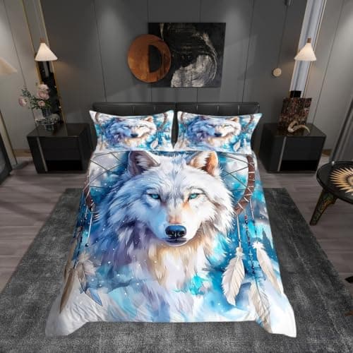 Image of Wolf Kids Duvet Cover Double Size,Dream Catcher Exotic Boho Bedding Set for Adults Kids Bedroom Decor,Tie-dye Graffiti Wild Animals Rustic Farmhouse Comforter Cover 2 Pillowcases,No Comforter