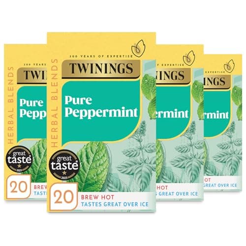 Image of Twinings Pure Peppermint Flavoured Tea Bags - 80 Biodegradable Bags (Multipack of 4 x 20)) | Caffeine and Sugar Free Herbal Tea for Digestion and Refreshment | Natural Peppermint Flavor