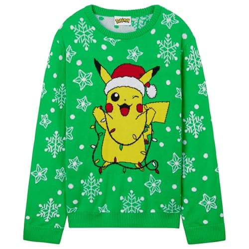 Image of Pokemon Boys Christmas Jumper, Cosy Knitted Xmas Sweater - Gifts for Boys (Green/Yellow, 7-8 Years)