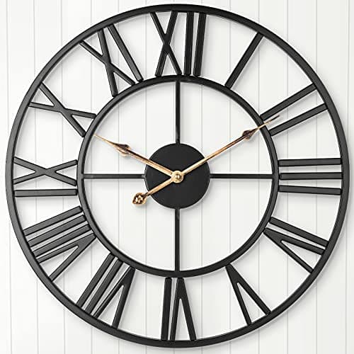 Image of ARVINKEY Silent Wall Clock, European Farmhouse Vintage Clock with Roman Numerals, 47cm Non-Ticking Battery Operated Metal Skeleton Decorative Clock for Home Kitchen (Black)
