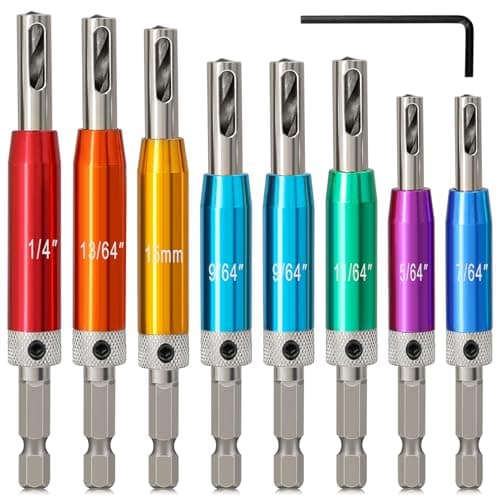Image of CYLBAQ Hinge Drill Bit Set, 8PCS HSS Self Centering Drill Bits 1/4" Hex Shank Hinge Drill Bit Guide Set Window Woodworking Puncher Hole Drilling Tool, 5/64”, 7/64”, 9/64”, 11/64”,5mm,13/64'',1/4''