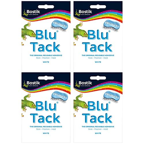 Image of Bostik BLU TACK | WHITE | Original REUSABLE Sticky Adhesive HOME SCHOOL OFFICE Walls BLU HACKS NO MARKS Safe Craft ART Clean Handy (4 x PACKS WHITE - BLU TACK)