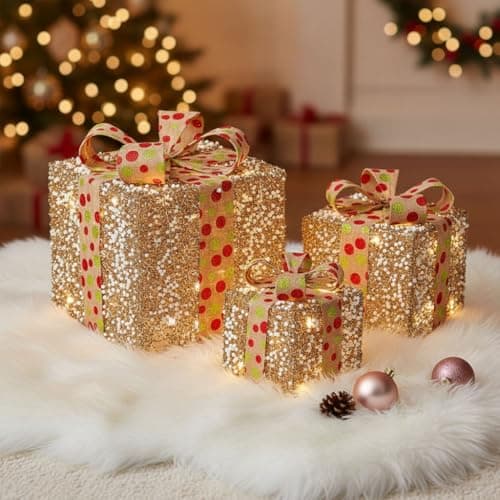 Image of Taylor & Brown Set of 3 Light Up Boxes Gift Parcel Lights Indoor Xmas Decorations for Tree Battery Powered with 50 Warm White LED Lights, Gold Glitter & White Berry