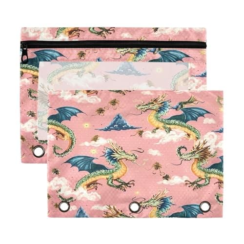 Image of Fuauuyl Dragons Pink Pencil Pouch for 3 Ring Binder Clear Window Pencil Case for Binder Pencil Bags with Zipper -2 Pack
