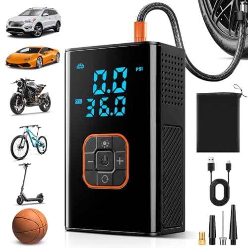 Image of Rivlox Car Tyre Inflator Air Compressor, Cordless Electric Car Tyre Pump & Bike Pump with LED Light, 150 PSI Portable with Pressure Gauge Digital Dual, for Car, Motorbike, Bike, Ball
