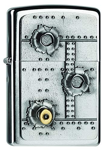 Image of Zippo - Windproof Lighter, Bullet Holes in Steel Emblem, Brushed Chrome, Refillable, Reusable, Windproof Design, Gift Box, Made in the USA