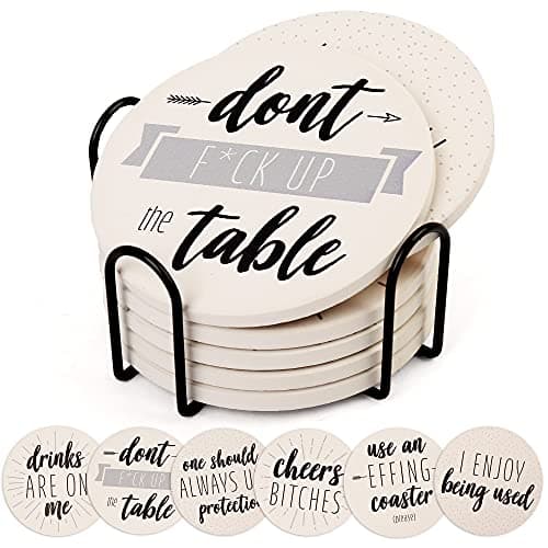 Image of LotFancy 6PCS Ceramic Coasters with Cork Base, Round Coasters with 6 Humorous Sayings, Non-Slip, Bar Room Decor, Housewarming Gift