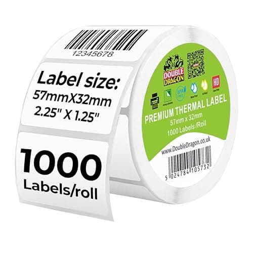 Image of Double Dragon, 57 mm x 32 mm, 1000 Direct Thermal Labels on roll for Direct Thermal Printers, Zebra, MUNBYN, Rollo, TSC, Toshiba, Citizen, Eltron and More.