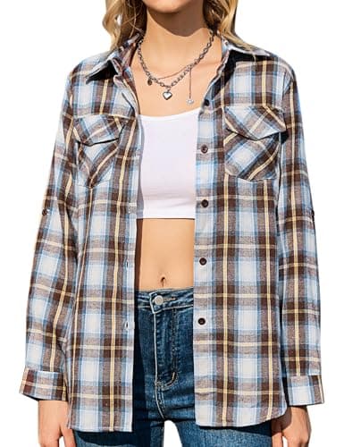 Image of Totatuit Women Checked Top Casual Long Sleeve Button Down Flannel Ladies Plaid Blouse Shirt V Neck with Pocket Blue Brown