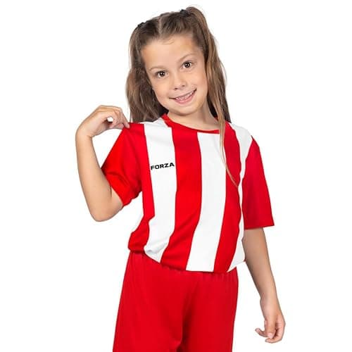 Image of FORZA Kids’ Striped Football Shirt | Quick Dry Short Sleeve Jersey for Boys & Girls – Breathable & Sweat-Wicking Training Top [Ages 5-14] (UK, Age, 5 Years, 6 Years, Regular, Red & White)
