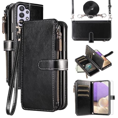 Image of Asuwish Mobile Phone Case for Oppo A53s/A53/A33/A32 2020 Case with Strap Film Protective Film Card Slot Foldable Leather Wallet Stand A 53 53s CPH2135 CPH2127 Protective Zip Phone Case Black